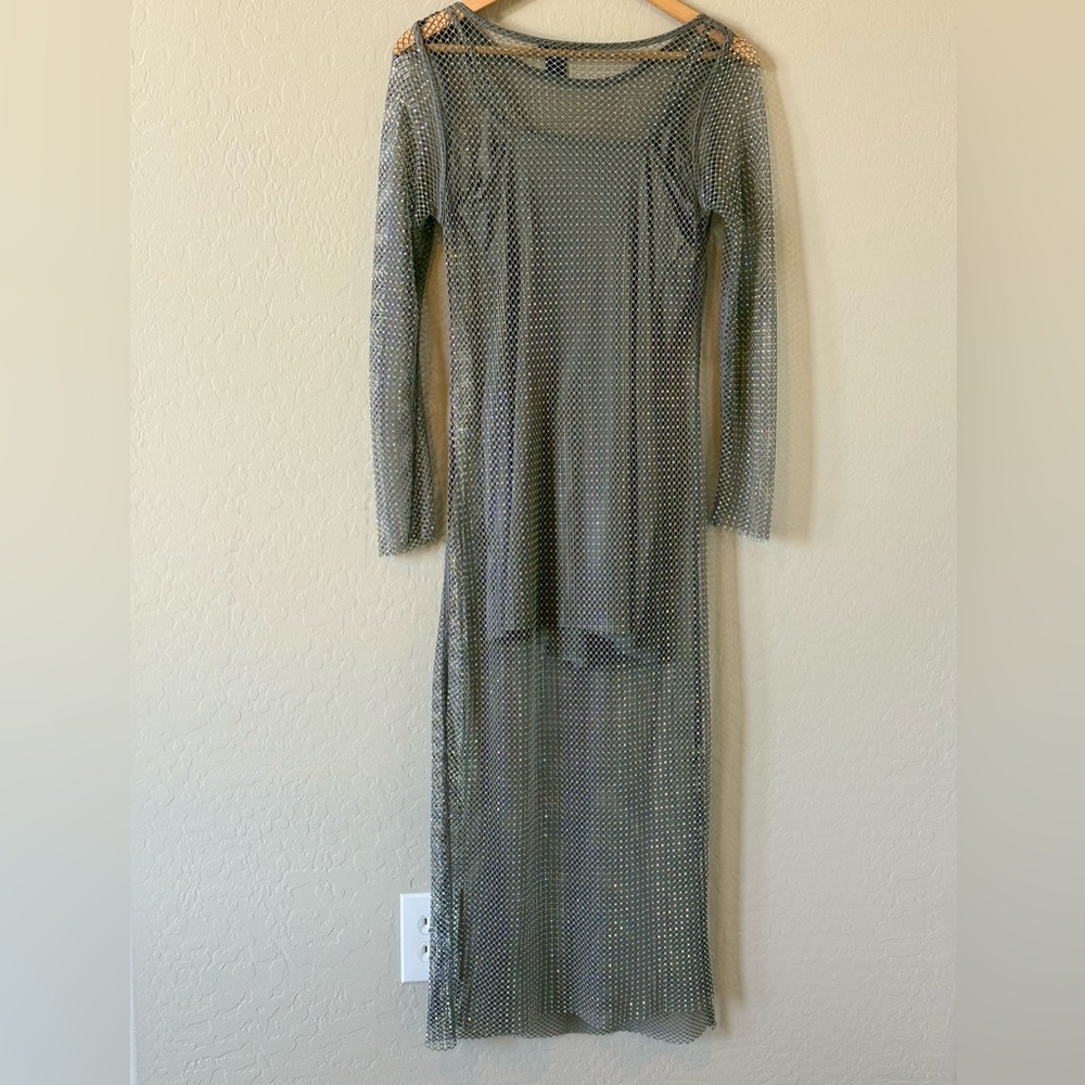 Women's House of Harlow 1960's Grey Rhinestone Mesh Maxi Dress - Small - Picture 3 of 6